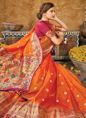 Orange woven banarasi silk saree with blouse 2