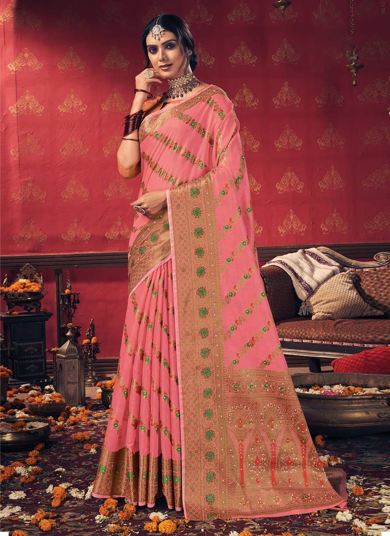 Pink woven cotton saree with blouse