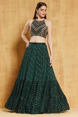  Dark-Green Sequins And Thread Embroidered With Stone Work Georgette Designer Lehenga 4