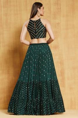  Dark-Green Sequins And Thread Embroidered With Stone Work Georgette Designer Lehenga 5