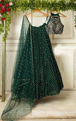 Dark-Green Sequins And Thread Embroidered With Stone Work Georgette Designer Lehenga 6