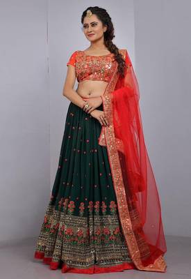 Charming Dark Green and Red Zari, Thread, and Sequins Embroidered Georgette Semi Stitched Lehenga 1