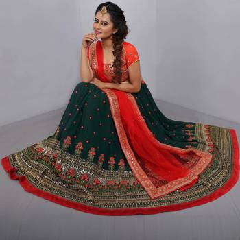 Charming Dark Green and Red Zari, Thread, and Sequins Embroidered Georgette Semi Stitched Lehenga 2