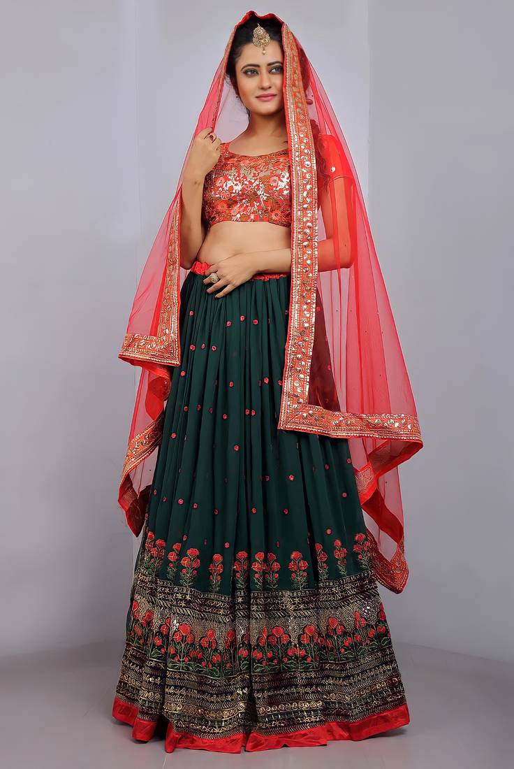 Charming Dark Green and Red Zari, Thread, and Sequins Embroidered Georgette Semi Stitched Lehenga