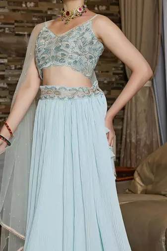 Turquoise Crush Work Faux Georgette Lehenga Choli