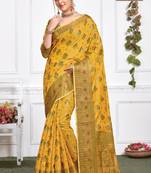 Yellow woven cotton saree with blouse