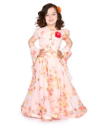 Girls Cream-Coloured & Pink Printed Ready to Wear Lehenga & Blouse With Dupatta 1