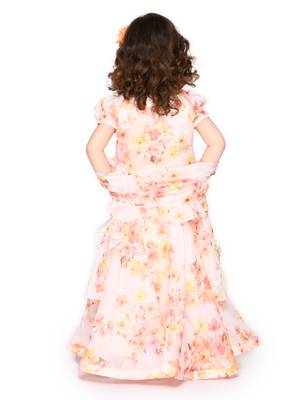 Girls Cream-Coloured & Pink Printed Ready to Wear Lehenga & Blouse With Dupatta 2