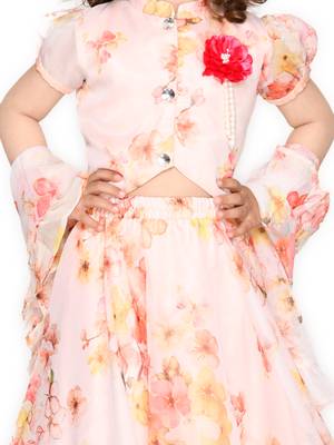 Girls Cream-Coloured & Pink Printed Ready to Wear Lehenga & Blouse With Dupatta 3