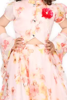 Girls Cream-Coloured & Pink Printed Ready to Wear Lehenga & Blouse With Dupatta