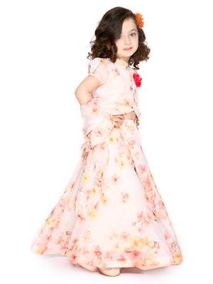 Girls Cream-Coloured & Pink Printed Ready to Wear Lehenga & Blouse With Dupatta 4