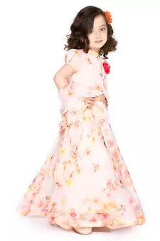 Girls Cream-Coloured & Pink Printed Ready to Wear Lehenga & Blouse With Dupatta