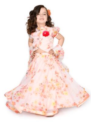 Girls Cream-Coloured & Pink Printed Ready to Wear Lehenga & Blouse With Dupatta 5