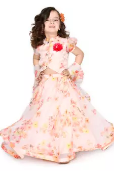 Girls Cream-Coloured & Pink Printed Ready to Wear Lehenga & Blouse With Dupatta