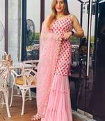 Captivating Baby Pink Faux Georgette multi layered party wear Sharara suit