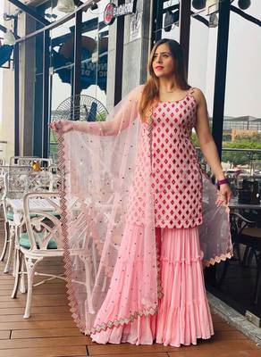 Captivating Baby Pink Faux Georgette multi layered party wear Sharara suit 2