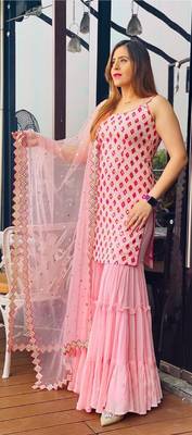 Captivating Baby Pink Faux Georgette multi layered party wear Sharara suit 3