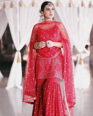 Red Georgette Sequins Work Sharara Suit 2