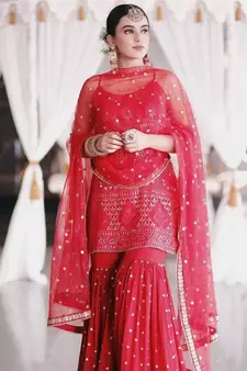 Red Georgette Sequins Work Sharara Suit