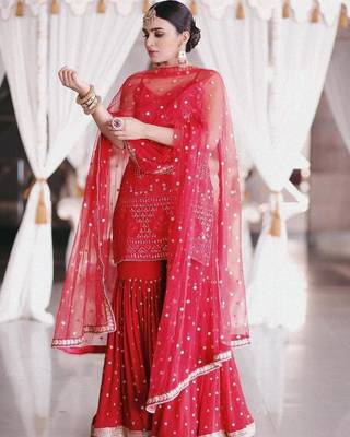 Red Georgette Sequins Work Sharara Suit 3