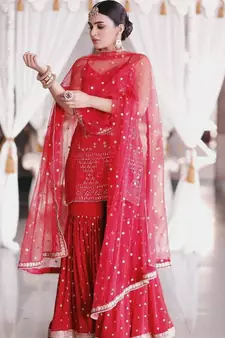 Red Georgette Sequins Work Sharara Suit