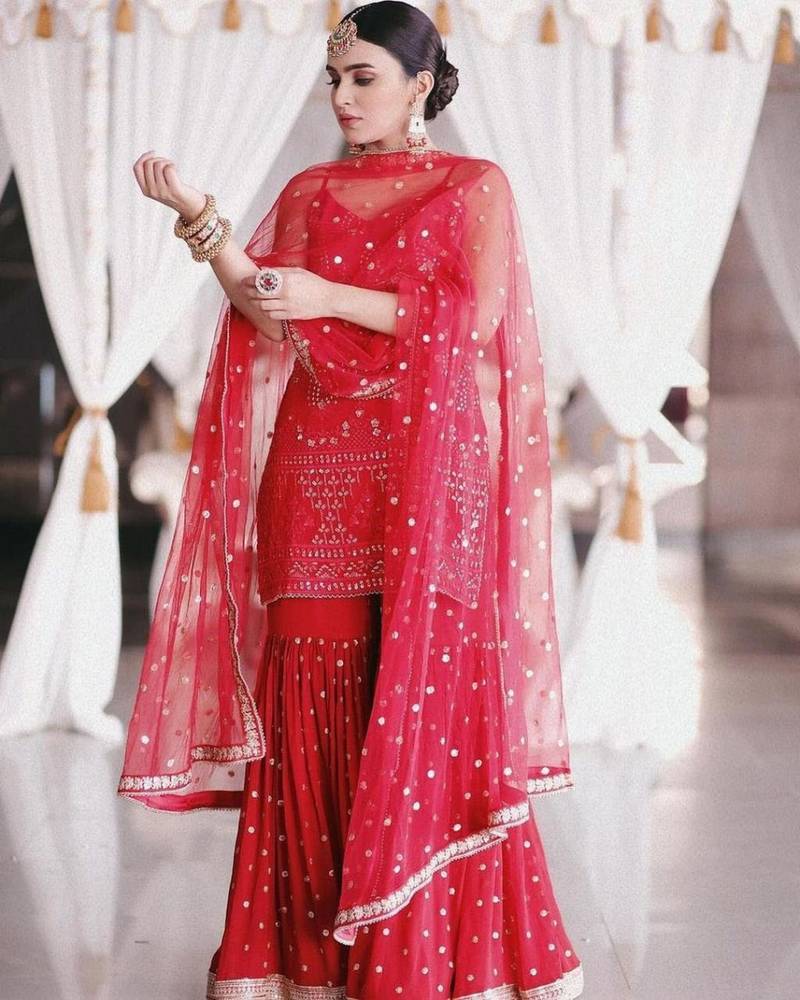 Red Georgette Sequins Work Sharara Suit