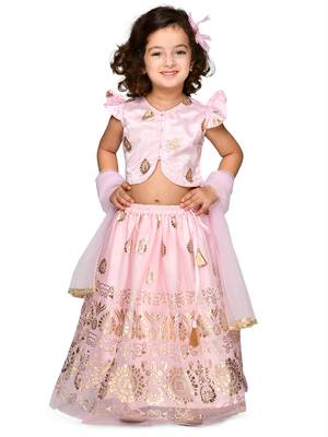 Girls Pink & Gold-Toned Printed Ready To Wear Lehenga Choli With Dupatta 1