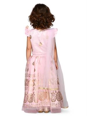 Girls Pink & Gold-Toned Printed Ready To Wear Lehenga Choli With Dupatta 2