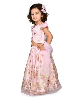 Girls Pink & Gold-Toned Printed Ready To Wear Lehenga Choli With Dupatta 3