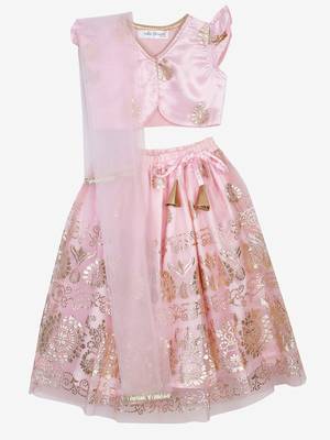 Girls Pink & Gold-Toned Printed Ready To Wear Lehenga Choli With Dupatta 4