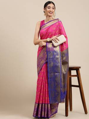 Rani pink woven silk saree with blouse 1