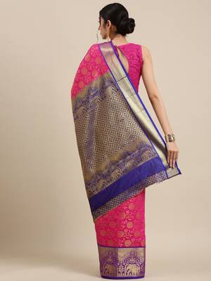 Rani pink woven silk saree with blouse 2