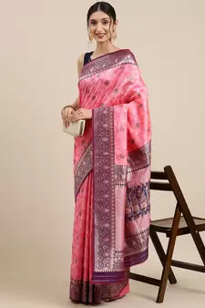 Peach Woven Silk Blend Saree With Blouse