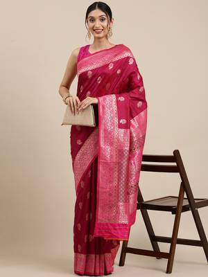 Wine woven silk blend saree with blouse 1
