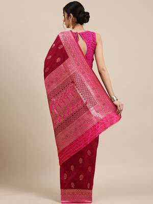 Wine woven silk blend saree with blouse 2
