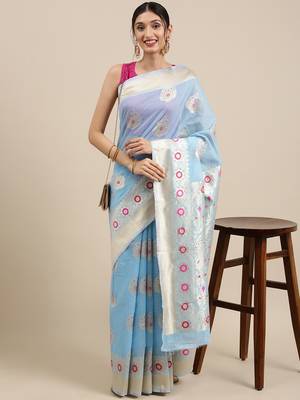 Sky Blue Woven silk blend Blend Saree With Blouse 1