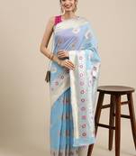 Sky Blue Woven silk blend Blend Saree With Blouse