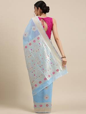 Sky Blue Woven silk blend Blend Saree With Blouse 2
