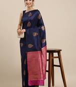 Navy Blue Woven Silk Blend Saree With Blouse