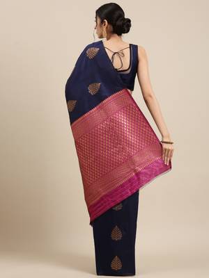 Navy Blue Woven Silk Blend Saree With Blouse 2