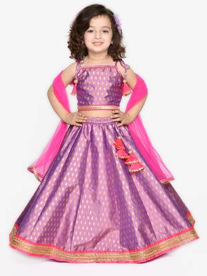 Girls Purple & Gold-Toned Printed Sequined Ready to Wear Lehenga & Blouse With Dupatta 1