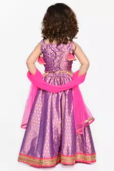 Girls Purple & Gold-Toned Printed Sequined Ready to Wear Lehenga & Blouse With Dupatta