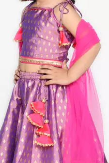 Girls Purple & Gold-Toned Printed Sequined Ready to Wear Lehenga & Blouse With Dupatta