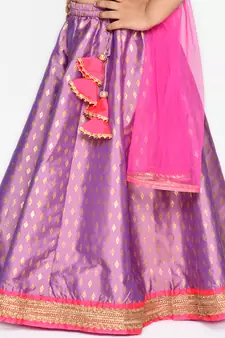 Girls Purple & Gold-Toned Printed Sequined Ready to Wear Lehenga & Blouse With Dupatta