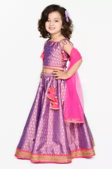 Girls Purple & Gold-Toned Printed Sequined Ready to Wear Lehenga & Blouse With Dupatta