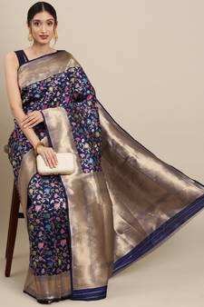 Navy Blue Woven Silk Blend Saree With Blouse