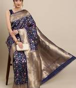 Navy Blue Woven Silk Blend Saree With Blouse