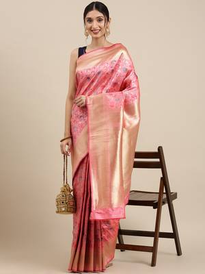 Peach Woven silk blend Saree With Blouse 1