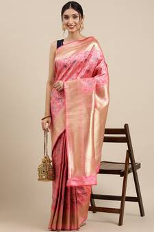 Peach Woven Silk Blend Saree With Blouse