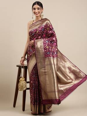 Wine Woven silk blend Saree With Blouse 1